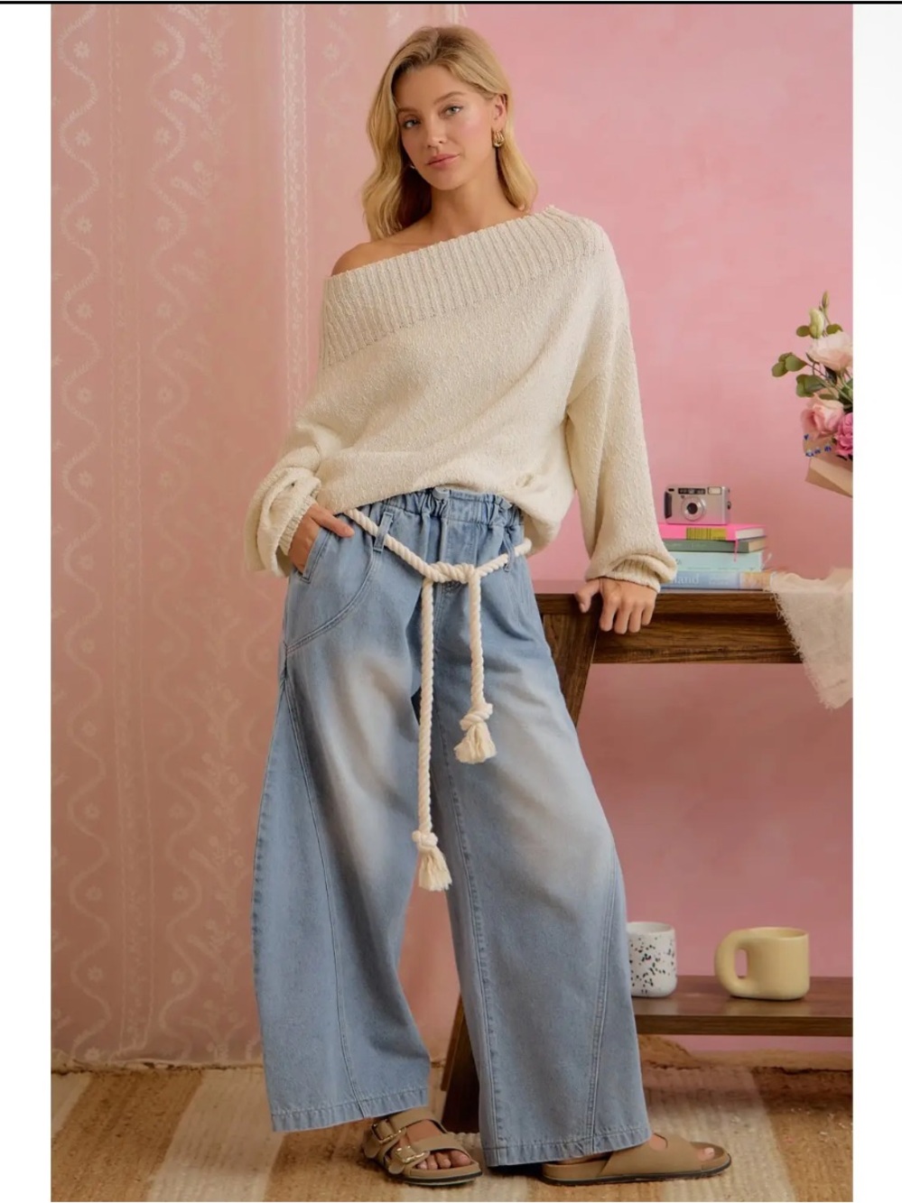 BiBi Wide Leg Barrel Light Blue Denim Jeans with Rope Belt